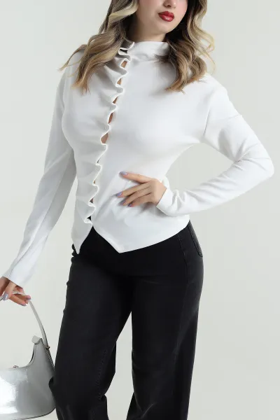 Beyaz Yeni Sezon Düğmeli Modal Kadın Bluz 496275