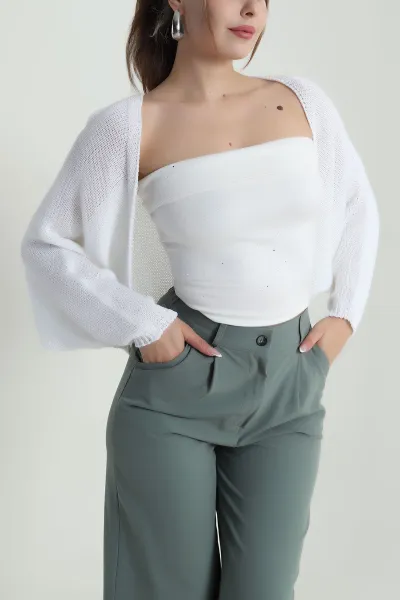 Beyaz Yeni Sezon Kadın Triko Bolero Hırka 487003