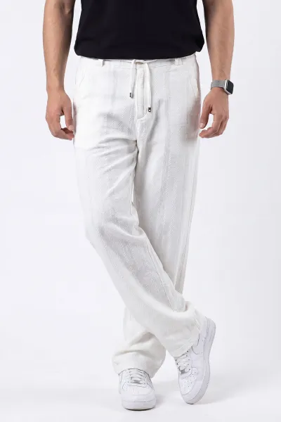 Beyaz Yeni Sezon Keten Baggy Belden Bağlamalı Erkek Pantolon 471915