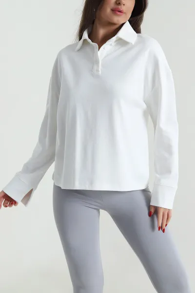 Beyaz Yeni Sezon Polo Yaka Kadın Sweat 492451
