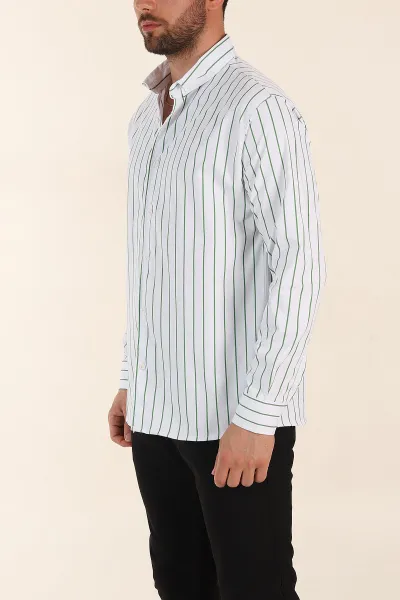 Beyaz Yeşil Çizgili Regular Fit Ata Yaka Uzun Kollu Erkek Gömlek 369997