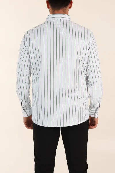 Beyaz Yeşil Çizgili Regular Fit Ata Yaka Uzun Kollu Erkek Gömlek 369997
