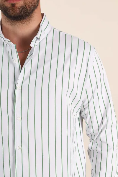 Beyaz Yeşil Çizgili Regular Fit Ata Yaka Uzun Kollu Erkek Gömlek 369997