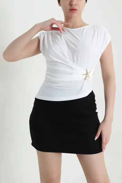 Beyaz Yıldız Tokalı Buzzy Kadın Bluz 459738