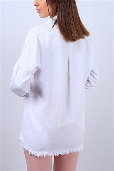 Beyaz Yırtık Detay Bayan Cepli Gömlek 11740B