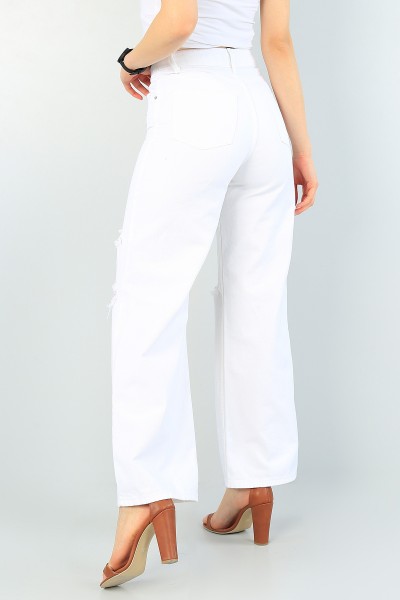 Beyaz Yırtık Detay Bol Paça Bayan Kot Pantolon 62513