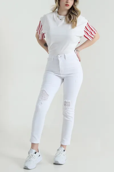 Beyaz Yırtık Tasarım Likralı Kadın Kot Pantolon 459186