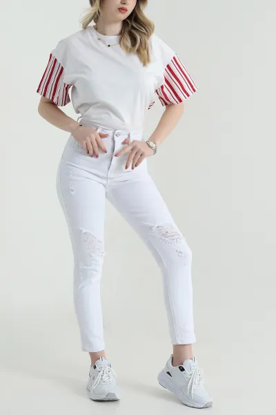 Beyaz Yırtık Tasarım Likralı Kadın Kot Pantolon 459186