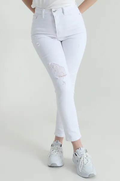 Beyaz Yırtık Tasarım Likralı Kadın Kot Pantolon 459186