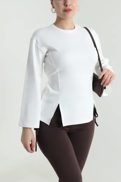 Beyaz Yırtmaçlı Bağlamalı Modal Kadın Bluz 493709