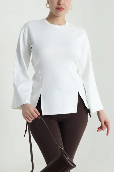 Beyaz Yırtmaçlı Bağlamalı Modal Kadın Bluz 493709