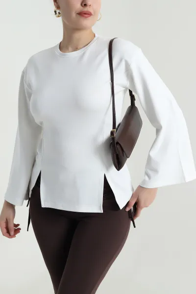 Beyaz Yırtmaçlı Bağlamalı Modal Kadın Bluz 493709