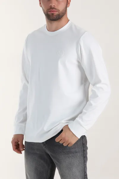 Beyaz Yırtmaçlı Bisiklet Yaka Erkek Sweatshirt 410640