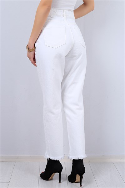 Beyaz Yüksek Bel Bayan Kot Pantolon 12322B