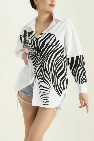Beyaz Zebra Baskılı Bayan Poplin Gömlek 336703