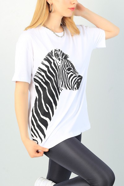 Beyaz Zebra Baskılı Bayan Tişört 67508