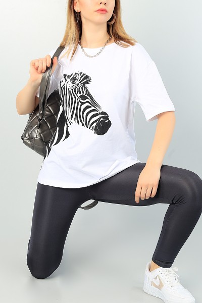 Beyaz Zebra Baskılı Bayan Tişört 67508