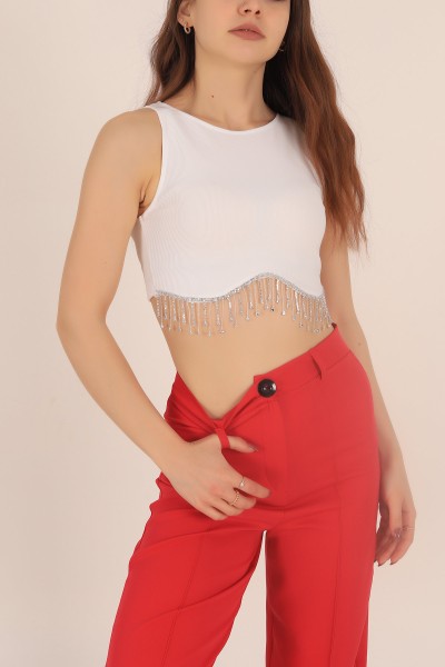 Beyaz Zincir Püsküllü Ottoman Crop 170051