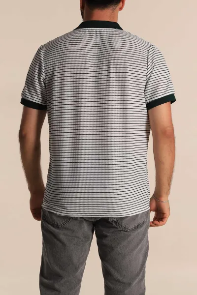 Beyaz Zümrüt Yeşili Çizgili Regular Fit Polo Yaka Erkek Tişört 277105