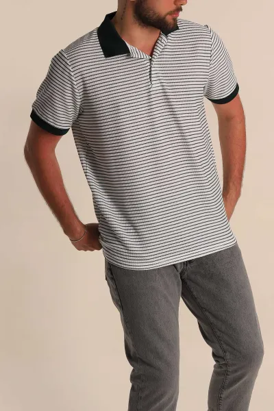 Beyaz Zümrüt Yeşili Çizgili Regular Fit Polo Yaka Erkek Tişört 277105
