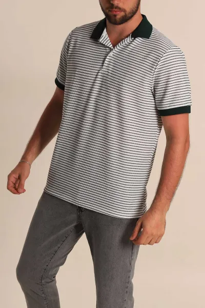 Beyaz Zümrüt Yeşili Çizgili Regular Fit Polo Yaka Erkek Tişört 277105