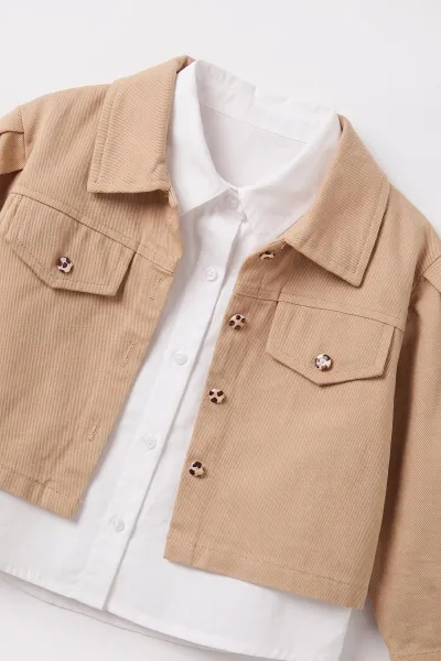 Bisküvi (1-5 Yaş) Leopar Kemerli Gömlek ve Ceketli Gabardin Kız Çocuk 3'lü Takım 473405