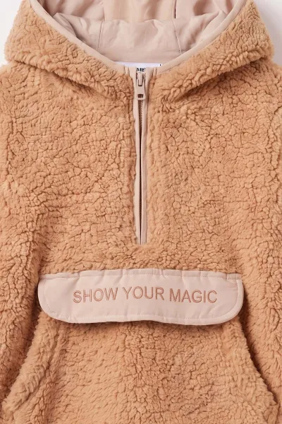 Bisküvi (1-8 Yaş) Nakışlı Kapüşonlu Kanguru Cepli Yarım Fermuarlı Kuzu Kız &Bebek Çocuk Sweatshirt 496332