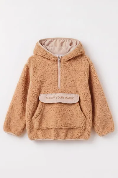 Bisküvi (1-8 Yaş) Nakışlı Kapüşonlu Kanguru Cepli Yarım Fermuarlı Kuzu Kız &Bebek Çocuk Sweatshirt 496332