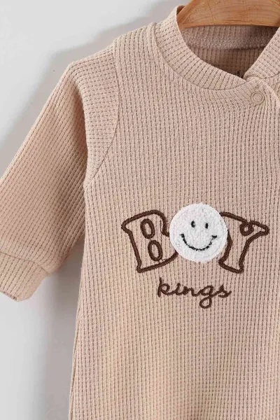 Bisküvi (1-9 Ay)Boy Nakışlı Waffle Kumaş Çapraz Çıtçıtlı Erkek Bebek Tulum 434936