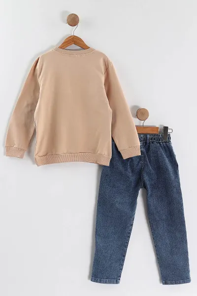 Bisküvi (1-9 Yaş ) Kot Detay Sweatli Kot Pantolonlu Kız Çocuk 2'li Takım 440112
