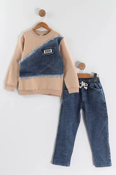Bisküvi (1-9 Yaş ) Kot Detay Sweatli Kot Pantolonlu Kız Çocuk 2'li Takım 440112