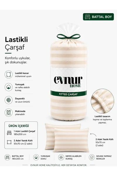 Bisküvi 180x200 Cm  Evnur Home Çizgili Çift Kişilik Fitted (Lastikli) Çarşaf Takımı 497760