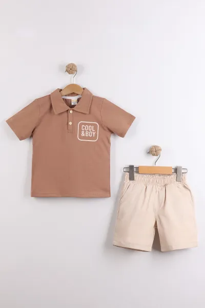 Bisküvi (2-10  Yaş) Polo Yaka Cool Boy Baskılı Tişörtlü Gabardin Şortlu Erkek Çocuk Yazlık 2'li Takım 454613
