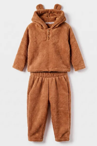 Bisküvi (2-7 Yaş) Kapüşonlu Kulaklı Welsofft Yakadan Yarım Düğmeli Çocuk Kışlık Takım 493782