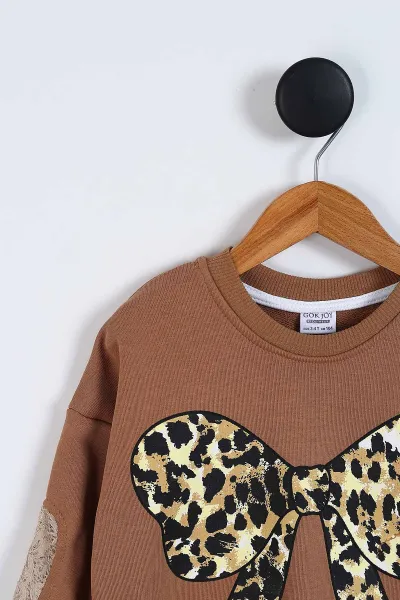 Bisküvi (3-10 Yaş ) Fiyonklu Leopar Desen Kol Güpür Detaylı Etekli Kız Çocuk Takım 338131