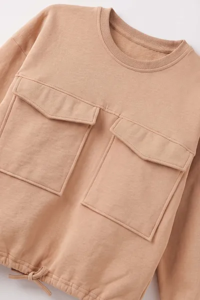 Bisküvi (4-12 Yaş) Belden Bağcıklı Cep Detaylı 2 İp Şardonlu Kız Çocuk Sweatshirt 489305