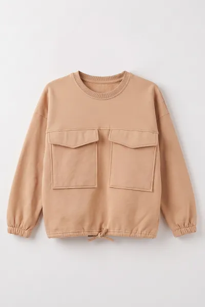 Bisküvi (4-12 Yaş) Belden Bağcıklı Cep Detaylı 2 İp Şardonlu Kız Çocuk Sweatshirt 489305