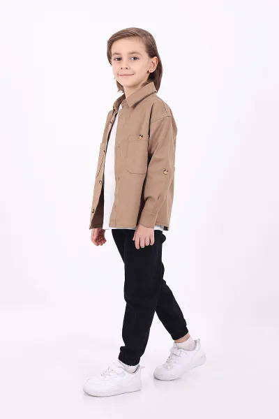 Bisküvi (5-14 Yaş) Çift Cepli Oversize Kalıp Erkek Çocuk Gabardin Gömlek 323433