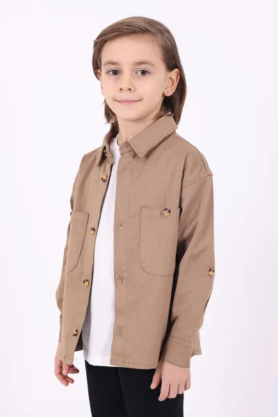 Bisküvi (5-14 Yaş) Çift Cepli Oversize Kalıp Erkek Çocuk Gabardin Gömlek 323433