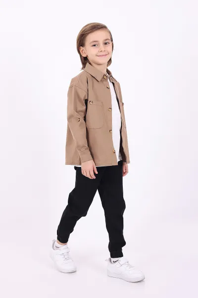 Bisküvi (5-14 Yaş) Çift Cepli Oversize Kalıp Erkek Çocuk Gabardin Gömlek 323433