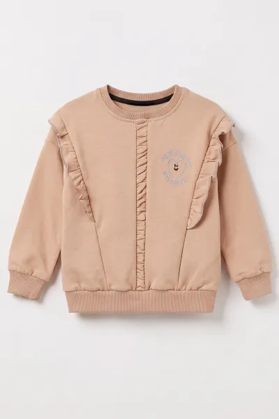 Bisküvi (4-8 Yaş) Büzgülü Fırfırlı Kalp Nakışlı  2 İp Şardonlu Kız Çocuk Sweatshirt 489316
