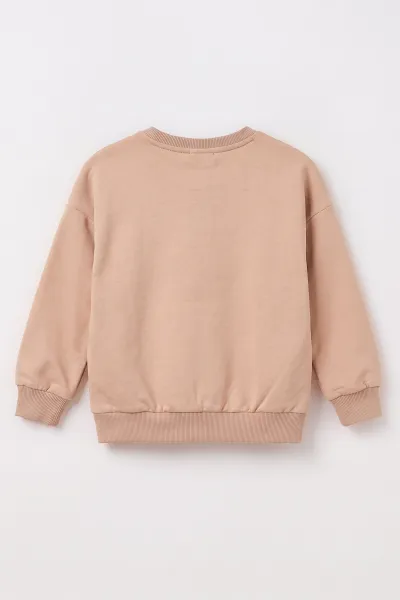 Bisküvi (4-8 Yaş) Büzgülü Fırfırlı Kalp Nakışlı  2 İp Şardonlu Kız Çocuk Sweatshirt 489316
