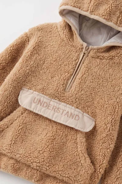 Bisküvi (1-8 Yaş) Understand Nakışlı Kapüşonlu Kanguru Cepli Yardım Fermuarlı Kuzu Erkek Çocuk Sweatshirt 496323