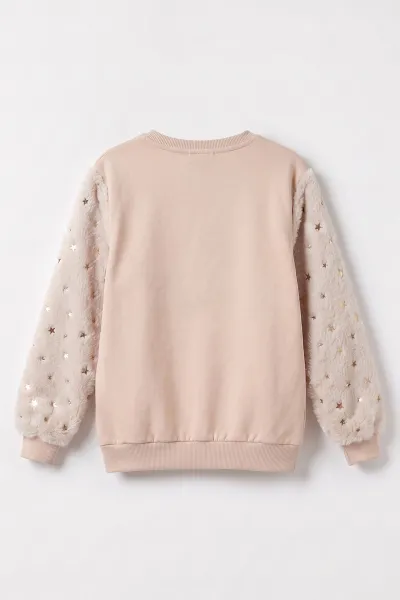Bisküvi (5-13 Yaş) Kolu Yıldız Baskılı ve Peluşlu İçi Şardonlu Kız Çocuk Sweatshirt 483259