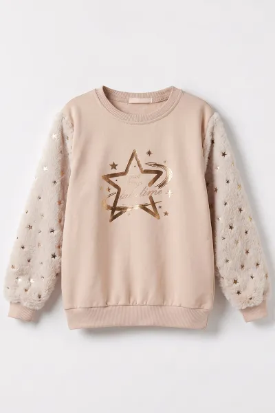 Bisküvi (5-13 Yaş) Kolu Yıldız Baskılı ve Peluşlu İçi Şardonlu Kız Çocuk Sweatshirt 483259