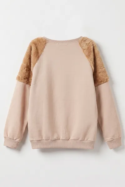 Bisküvi (5-13 Yaş) Love Taş Baskılı  Peluşlu İçi  Hafif  Şardonlu Kız Çocuk Sweatshirt 489281