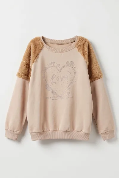 Bisküvi (5-13 Yaş) Love Taş Baskılı  Peluşlu İçi  Hafif  Şardonlu Kız Çocuk Sweatshirt 489281