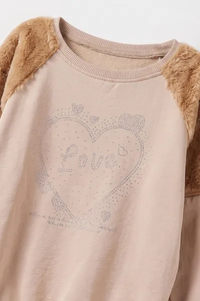 Bisküvi (5-13 Yaş) Love Taş Baskılı  Peluşlu İçi  Hafif  Şardonlu Kız Çocuk Sweatshirt 489281