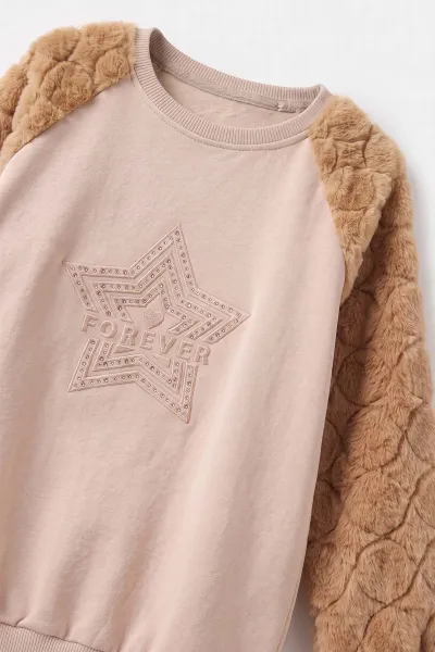Bisküvi (5-13 Yaş) Yıldız Baskılı Kolları Peluşlu İçi  Hafif Pamuklu Kız Çocuk Sweatshirt 489290