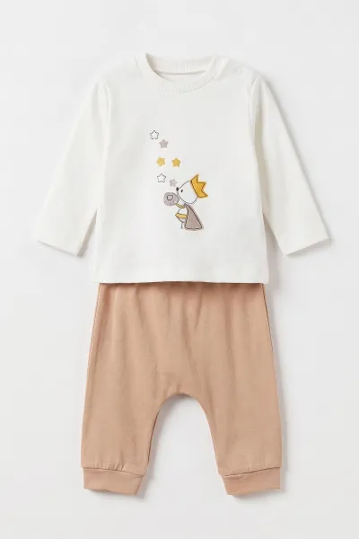Bisküvi (6-12 Ay) Nakışlı Pelüş Ceketli Pantolon Sweatshirt 3'lü Kız Bebek Takım 495565